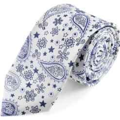 Biało-niebieski jedwabny krawat we wzór paisley | 6 cm