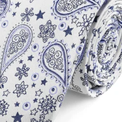 Biało-niebieski jedwabny krawat we wzór paisley | 8 cm
