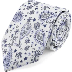 Biało-niebieski jedwabny krawat we wzór paisley | 8 cm