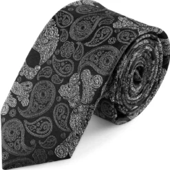 Czarno-szary jedwabny krawat z czaszkami we wzór paisley | 6 cm