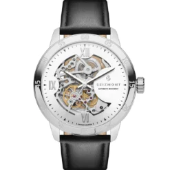Dante II | Srebrzysty zegarek z widocznym mechanizmem z czarnym paskiem skórzanym