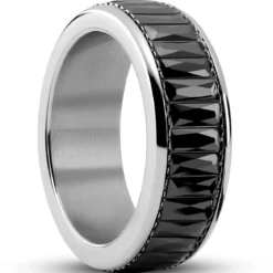 Enthumema | 8 mm srebrzysty pierścionek antystresowy fidget ze stali nierdzewnej z czarną cyrkonią