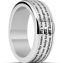 Enthumema | 8 mm srebrzysty pierścionek antystresowy fidget ze stali nierdzewnej z modlitwą Ojcze nasz po angielsku