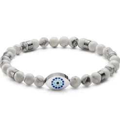 Evil Eye | Bransoletka ze srebrzystymi i howlitowym koralikami