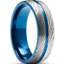 Fortis | 7 mm srebrzysty rowkowany pierścionek ze stali damasceńskiej i niebieskiego tytanu