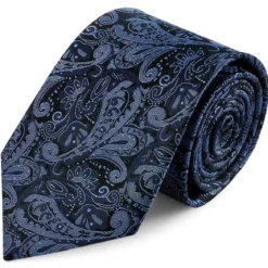 Granatowo-jasnoniebieski jedwabny krawat we wzór paisley | 8cm