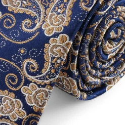Niebiesko-złoty jedwabny krawat we wzór paisley | 6cm