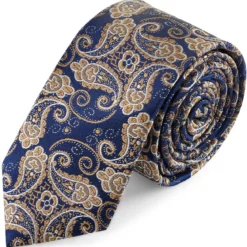 Niebiesko-złoty jedwabny krawat we wzór paisley | 6cm