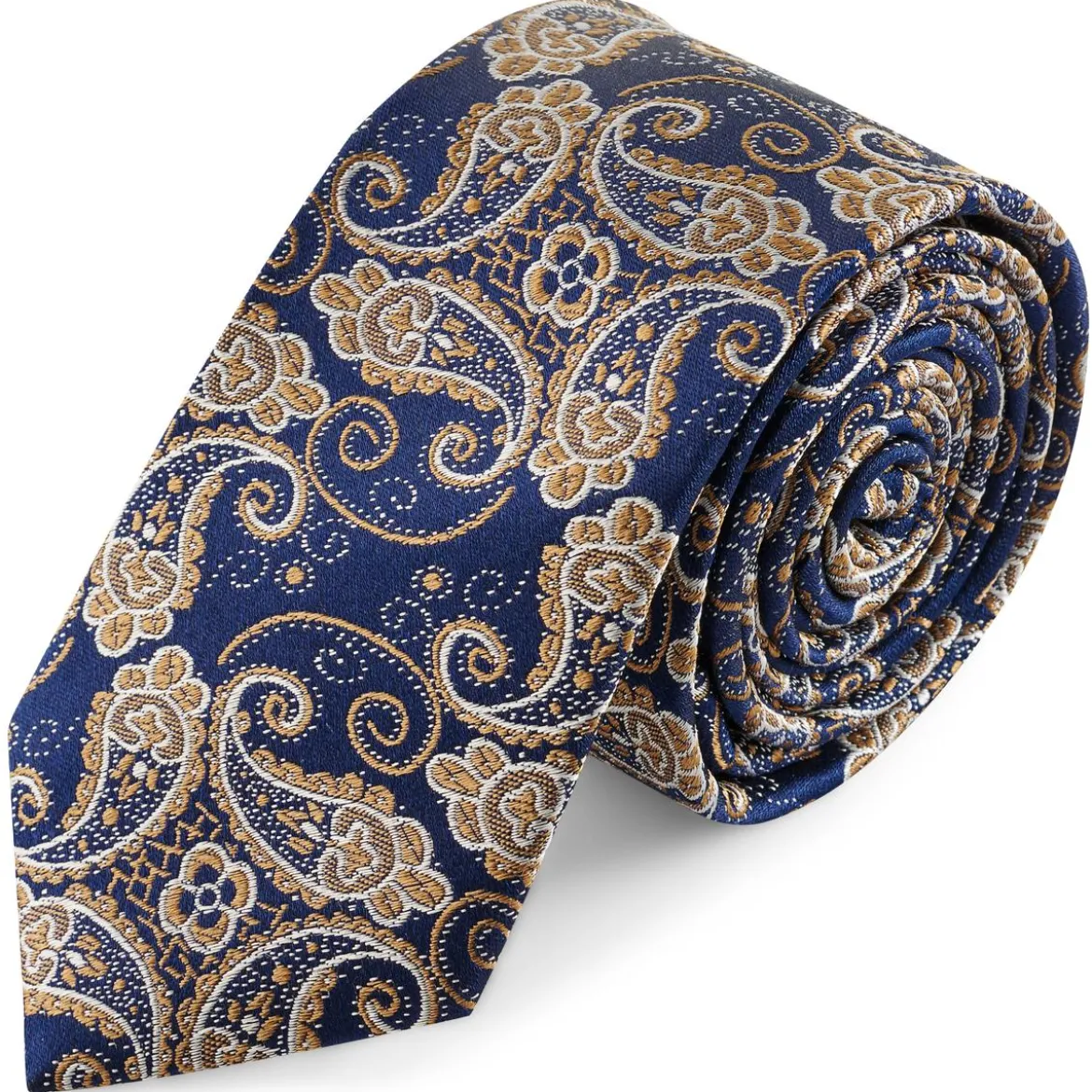Niebiesko-złoty jedwabny krawat we wzór paisley | 6cm