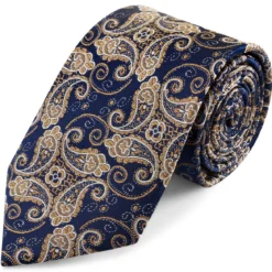 Niebiesko-złoty jedwabny krawat we wzór paisley | 8cm