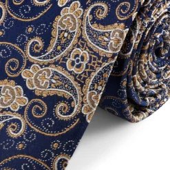 Niebiesko-złoty jedwabny krawat we wzór paisley | 8cm