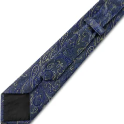 Niebiesko-złoty jedwabny krawat we wzór paisley | 8 cm