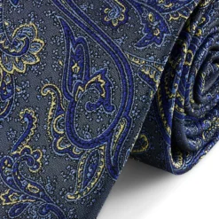 Niebiesko-złoty jedwabny krawat we wzór paisley | 8 cm