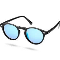 Okrągłe czarno-niebieskie lustrzane okulary przeciwsłoneczne retro z polaryzacją