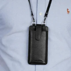 Skórzane czarne etui na karty i telefon Lamont