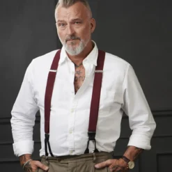 Szerokie burgundowe szelki na guziki