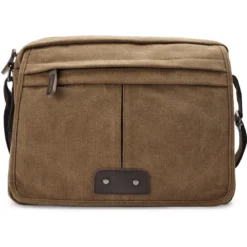 Torba listonoszka vintage z karmelowego płótna i brązowej skóry