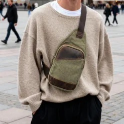 Torba Na Ramię Z Płótna W Kolorze Army Green I Skóry