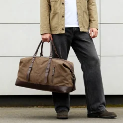 Torba sportowa vintage z karmelowego płótna i brązowej skóry