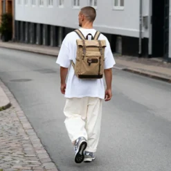 Wzmacniany Plecak W Stylu Vintage Z Jasnobrązowego Płótna I Skóry
